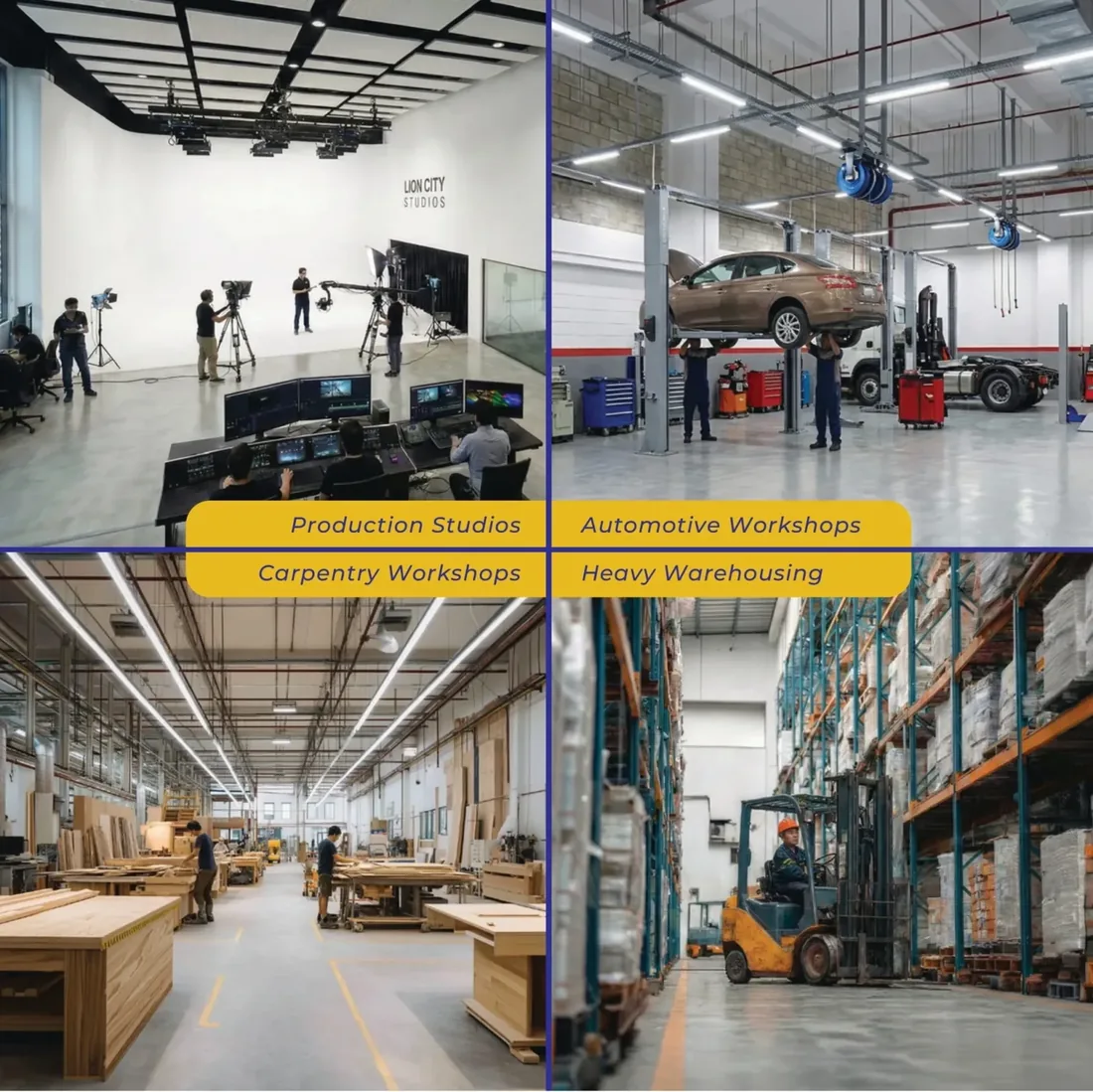 Examples of approved B2 trades at KeyStone @ Mandai: production studios, automotive workshops, carpentry workshops and heavy warehousing